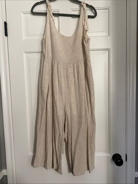 Pink Lily Natural Beige Tie-Shoulder Linen Jumpsuit